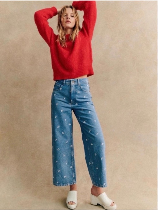 Sezane Denim - Sezane Le Crop Floral Embroidered Jeans High Rise Wide Leg Crop Size 4